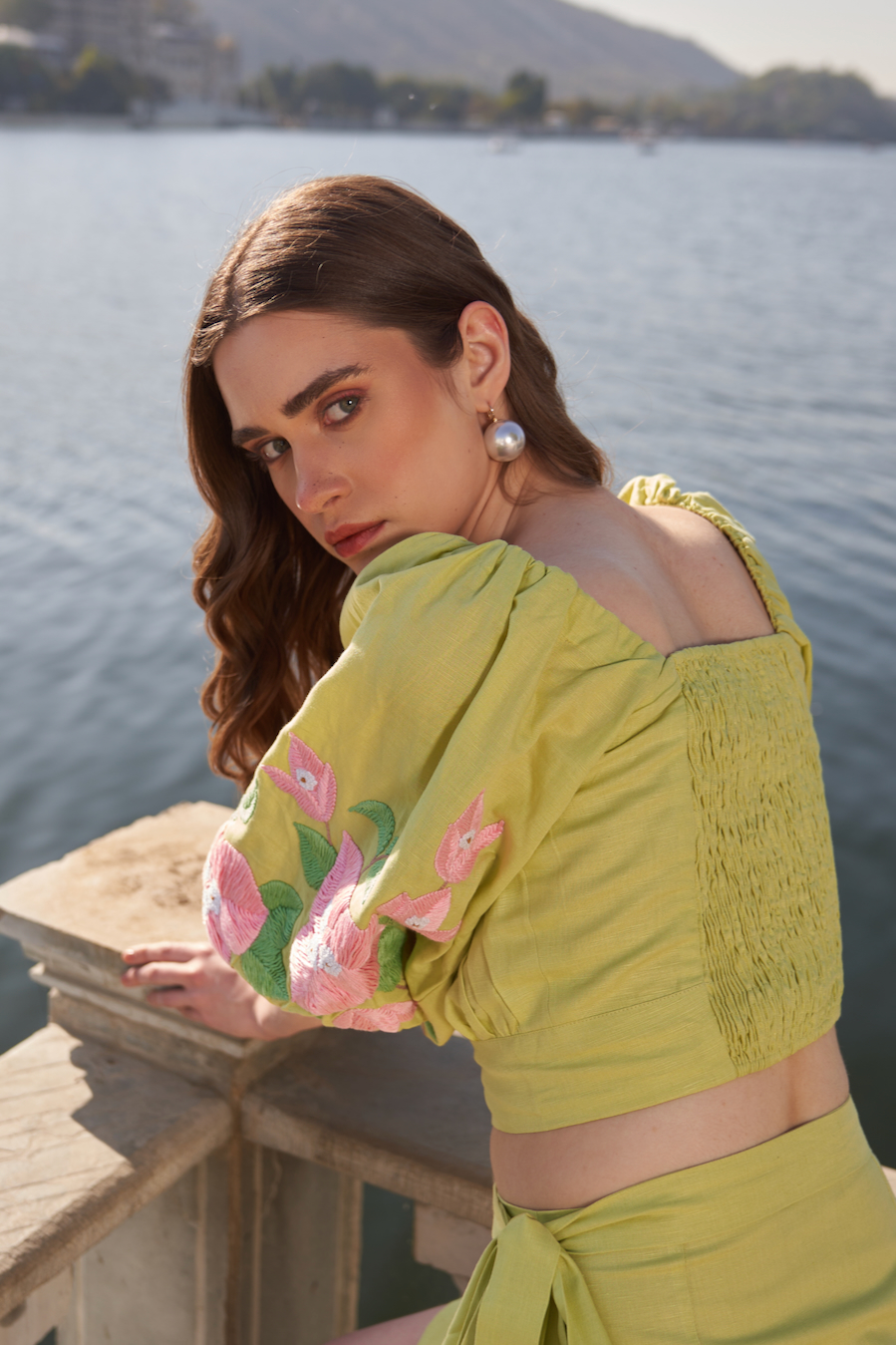 LA FLOR MINT COLOR BOUGAINVILLEA CHUNKY HAND EMBROIDERED LINEN CROP TOP WITH ATTACHED CUPS AND MINI WRAP SKIRT