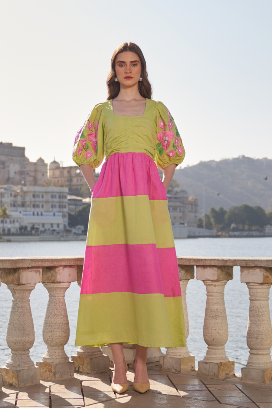 LA FLOR MINT AND PINK COLOR BLOCK LINEN MIDI LENGTH DRESS WITH BOUGAINVILLEA CHUNKY HAND EMBROIDERED SLEEVES