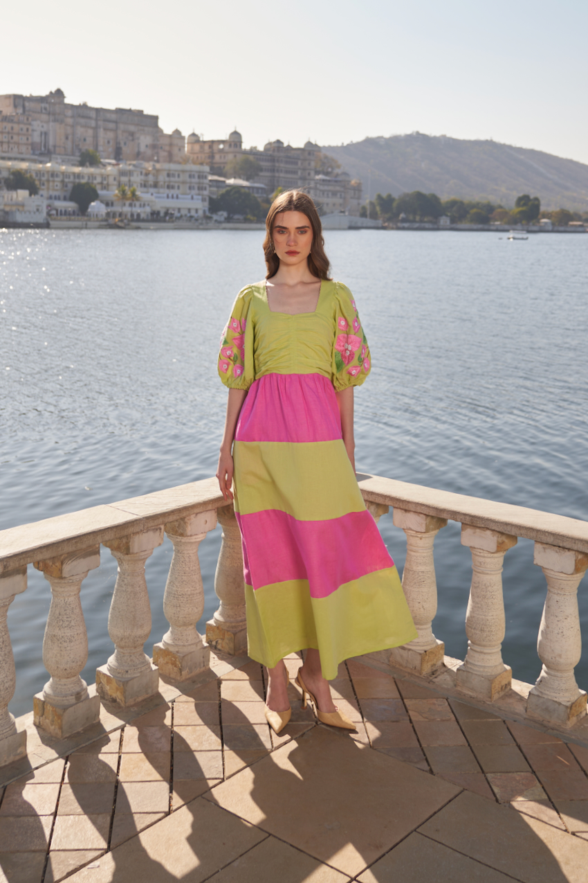 LA FLOR MINT AND PINK COLOR BLOCK LINEN MIDI LENGTH DRESS WITH BOUGAINVILLEA CHUNKY HAND EMBROIDERED SLEEVES
