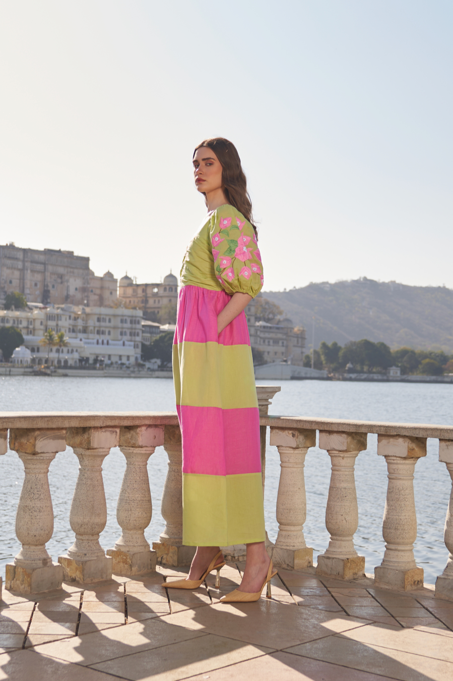 LA FLOR MINT AND PINK COLOR BLOCK LINEN MIDI LENGTH DRESS WITH BOUGAINVILLEA CHUNKY HAND EMBROIDERED SLEEVES