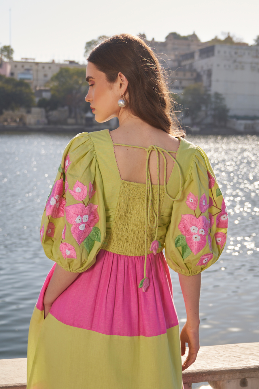 LA FLOR MINT AND PINK COLOR BLOCK LINEN MIDI LENGTH DRESS WITH BOUGAINVILLEA CHUNKY HAND EMBROIDERED SLEEVES