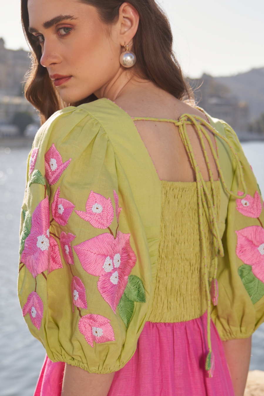 LA FLOR MINT AND PINK COLOR BLOCK LINEN MIDI LENGTH DRESS WITH BOUGAINVILLEA CHUNKY HAND EMBROIDERED SLEEVES