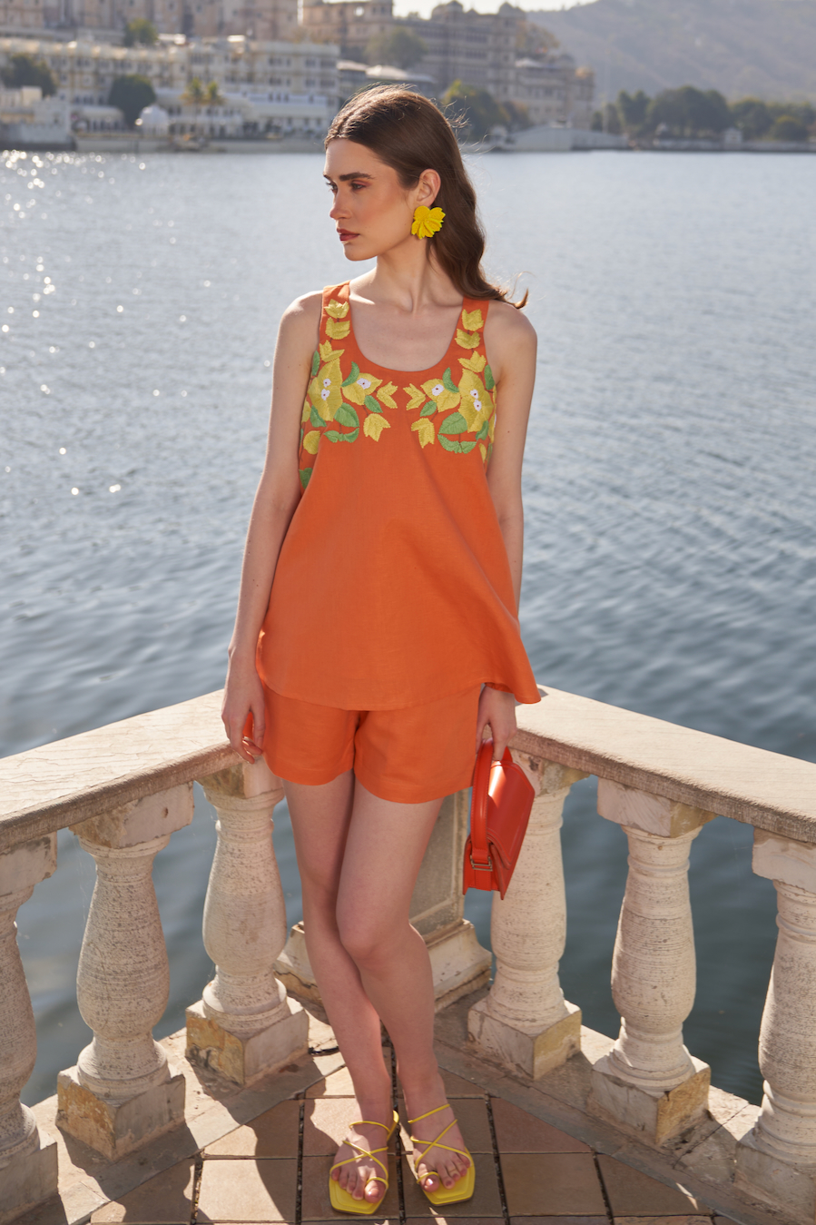 LA FLOR BOUGAINVILLEA CHUNKY HAND EMBROIDERED TERRACOTTA ORANGE SLEEVELESS TOP AND SHORTS LINEN CO-ORDINATE