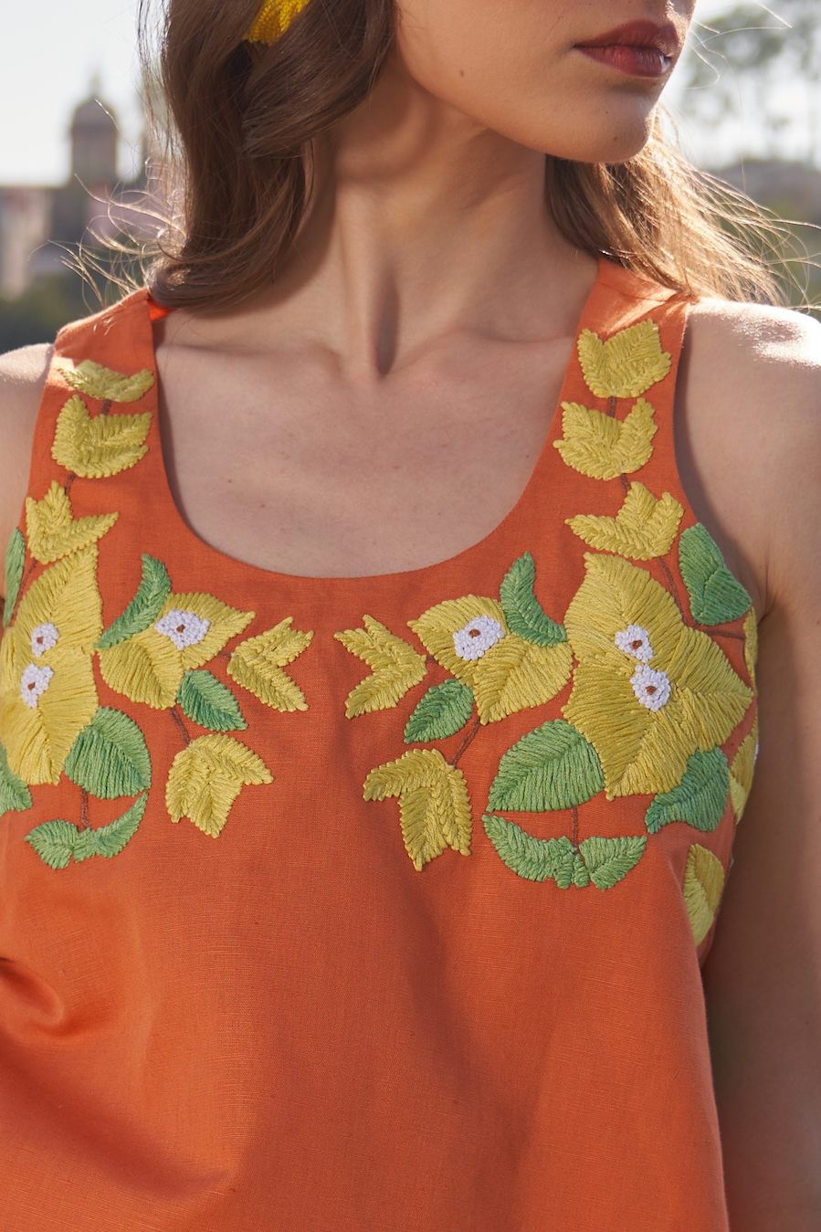 LA FLOR BOUGAINVILLEA CHUNKY HAND EMBROIDERED TERRACOTTA ORANGE SLEEVELESS TOP AND SHORTS LINEN CO-ORDINATE