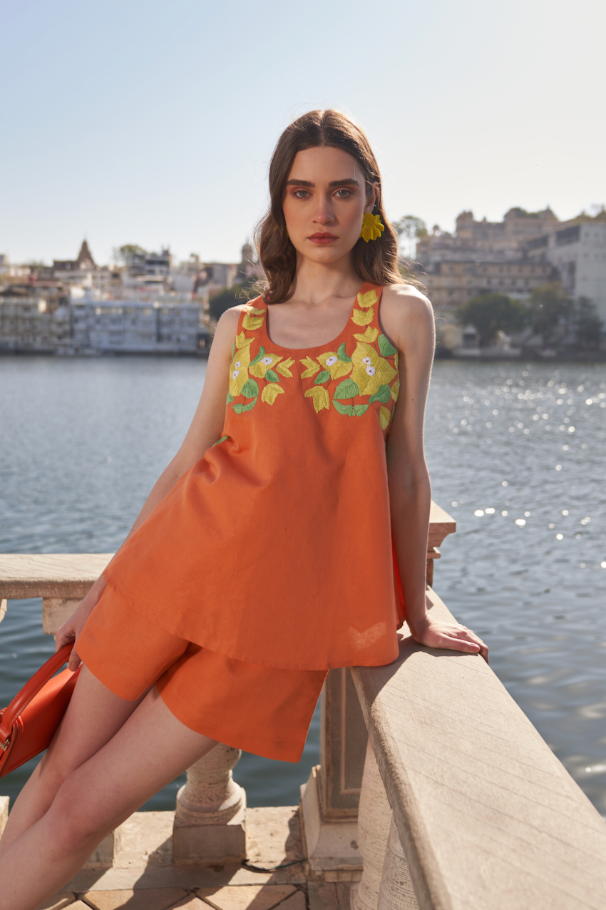 LA FLOR BOUGAINVILLEA CHUNKY HAND EMBROIDERED TERRACOTTA ORANGE SLEEVELESS TOP AND SHORTS LINEN CO-ORDINATE