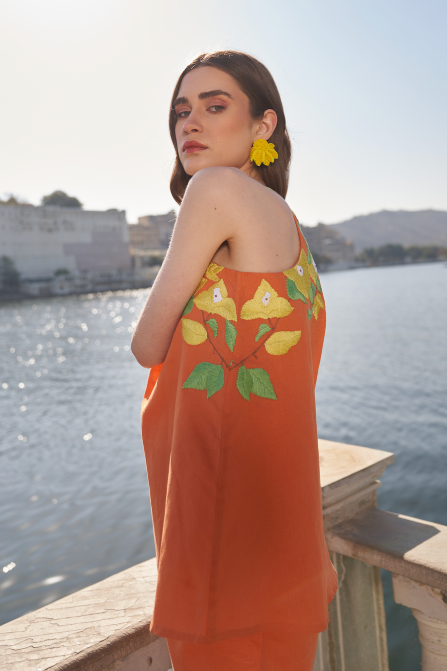 LA FLOR BOUGAINVILLEA CHUNKY HAND EMBROIDERED TERRACOTTA ORANGE SLEEVELESS TOP AND SHORTS LINEN CO-ORDINATE