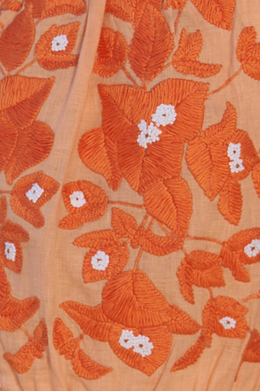 LA FLOR PEACH AND ORANGE BOUGAINVILLEA CHUNKY EMBROIDERED KNEE LENGTH SLEEVELESS LINEN COLOR BLOCK DRESS