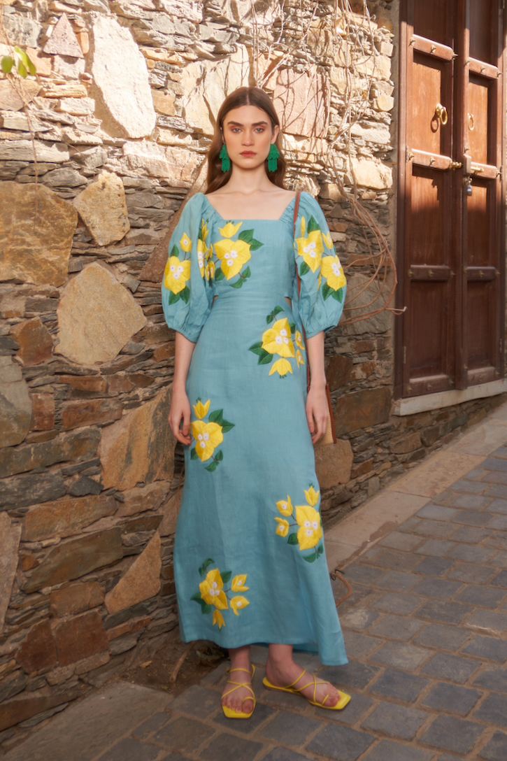 LA FLOR TEAL BLUE COLOR BOUGAINVILLEA CHUNKY HAND EMBROIDERED LINEN ANKLE LENGTH STRAIGHT FIT DRESS WITH WAIST CUT