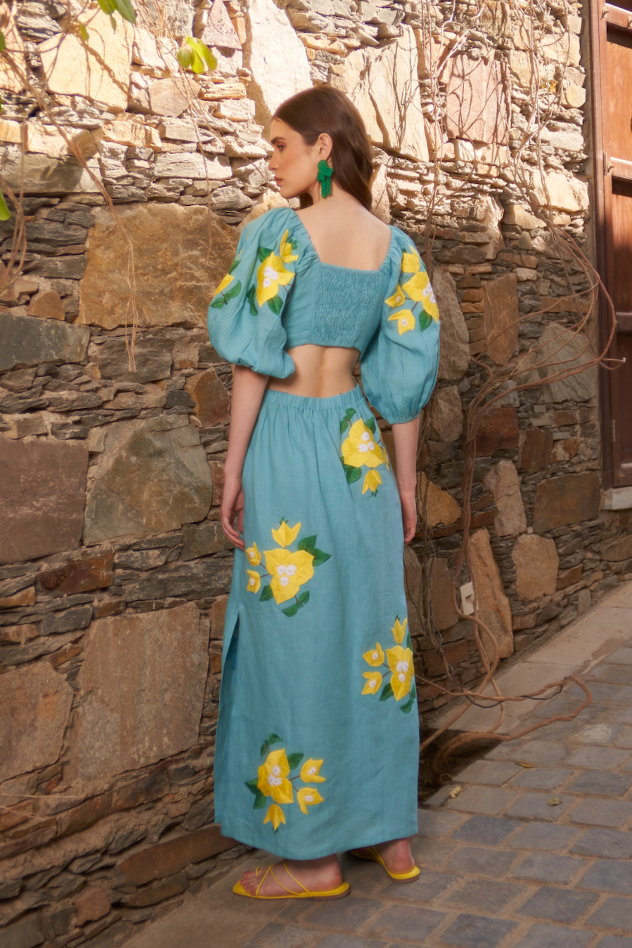 LA FLOR TEAL BLUE COLOR BOUGAINVILLEA CHUNKY HAND EMBROIDERED LINEN ANKLE LENGTH STRAIGHT FIT DRESS WITH WAIST CUT
