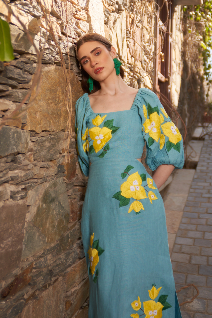 LA FLOR TEAL BLUE COLOR BOUGAINVILLEA CHUNKY HAND EMBROIDERED LINEN ANKLE LENGTH STRAIGHT FIT DRESS WITH WAIST CUT