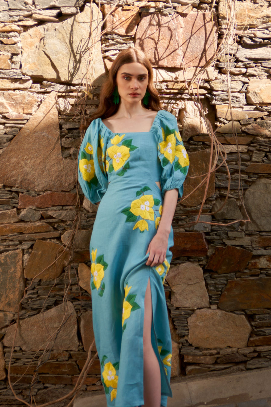 LA FLOR TEAL BLUE COLOR BOUGAINVILLEA CHUNKY HAND EMBROIDERED LINEN ANKLE LENGTH STRAIGHT FIT DRESS WITH WAIST CUT