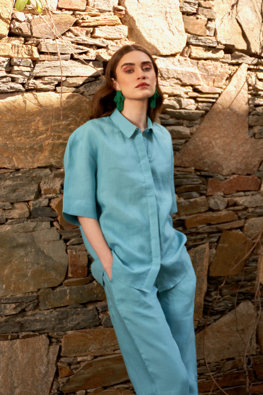 LA FLOR SOLID TEAL BLUE COLOR LINEN FABRIC BUSHIRT AND PANTS CO-ORDINATE