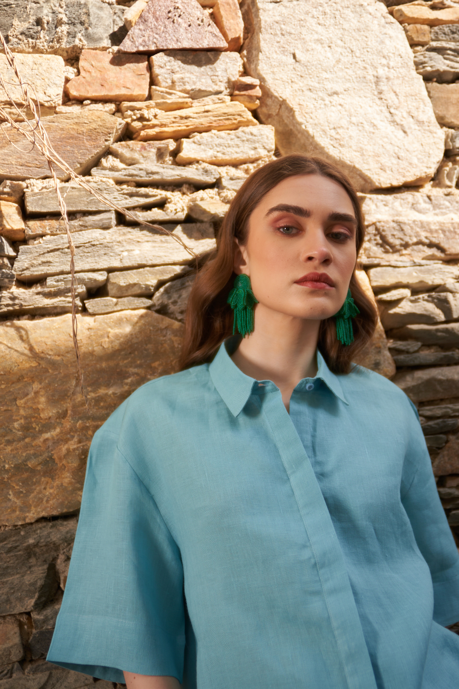 LA FLOR SOLID TEAL BLUE COLOR LINEN FABRIC BUSHIRT AND PANTS CO-ORDINATE