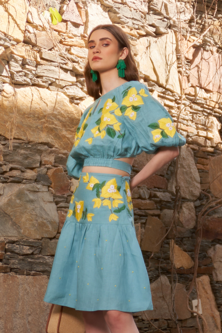 LA FLOR BOUGAINVILLEA CHUNKY HAND EMBROIDERED TEAL BLUE LINEN FABRIC CROP TOP AND SKIRT CO-ORDINATE