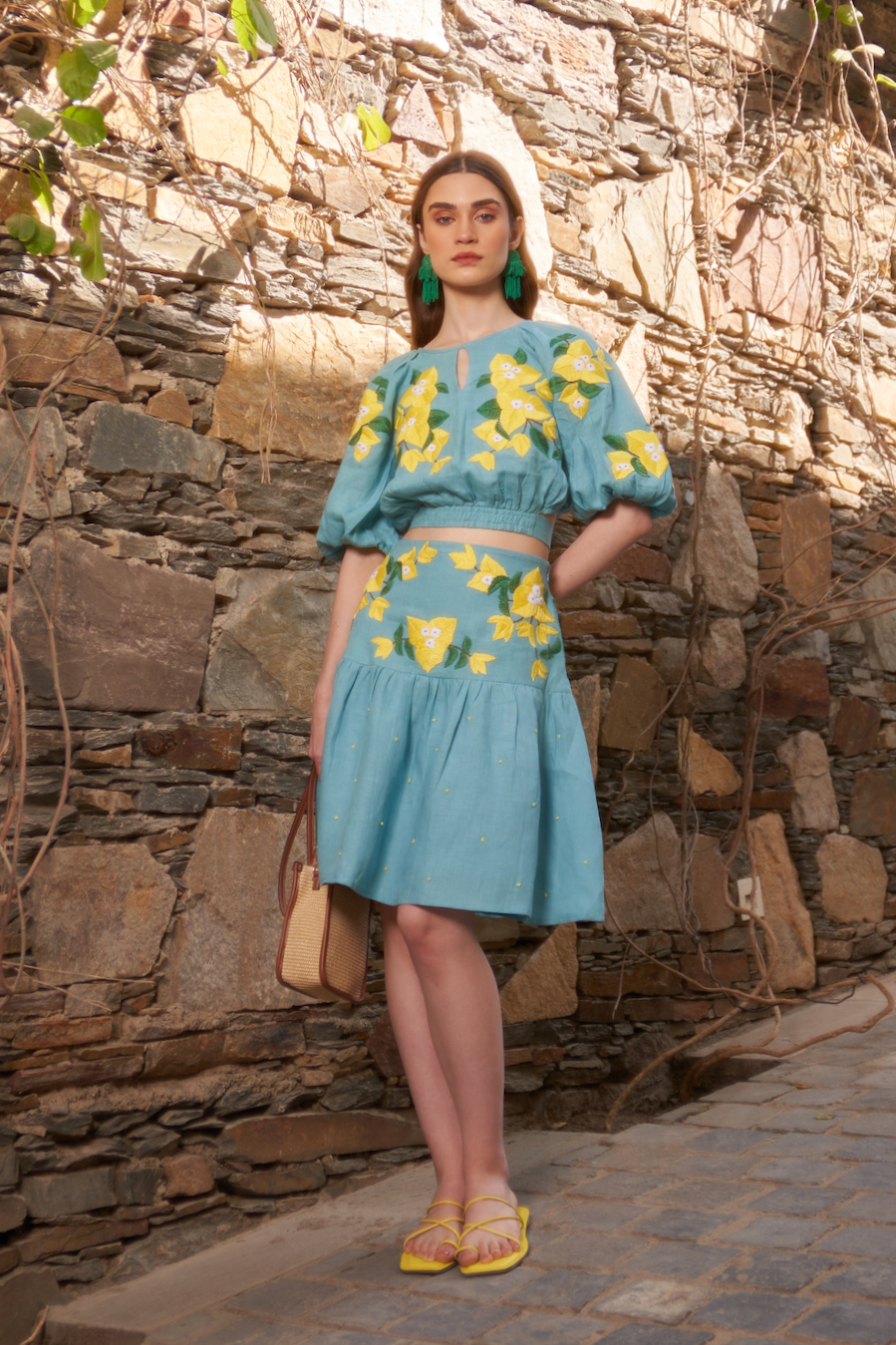 LA FLOR TEAL BLUE COLOR BOUGAINVILLEA CHUNKY HAND EMBROIDERED LINEN FABRIC CROPPED LENGTH TOP WITH BACK OPENING