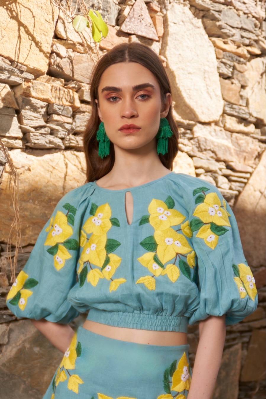 LA FLOR TEAL BLUE COLOR BOUGAINVILLEA CHUNKY HAND EMBROIDERED LINEN FABRIC CROPPED LENGTH TOP WITH BACK OPENING