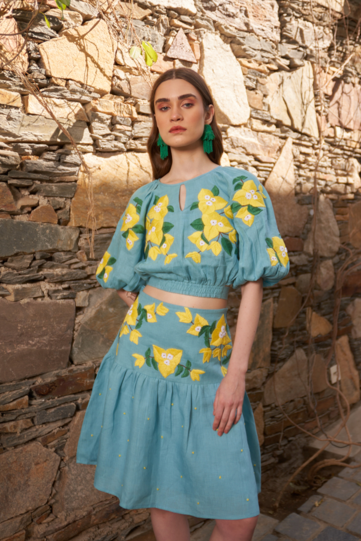 LA FLOR BOUGAINVILLEA CHUNKY HAND EMBROIDERED TEAL BLUE LINEN FABRIC CROP TOP AND SKIRT CO-ORDINATE