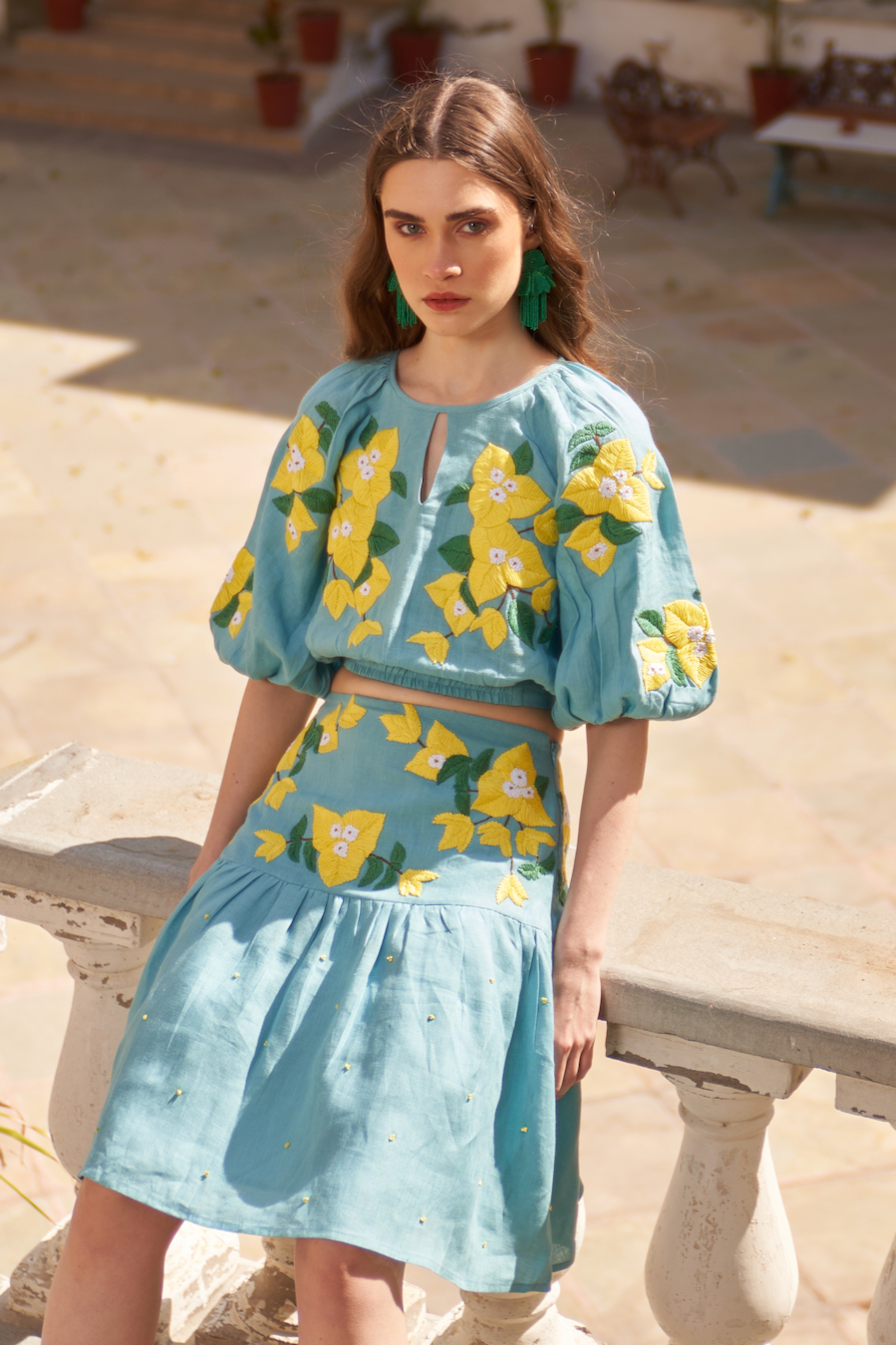 LA FLOR BOUGAINVILLEA CHUNKY HAND EMBROIDERED TEAL BLUE LINEN FABRIC CROP TOP AND SKIRT CO-ORDINATE