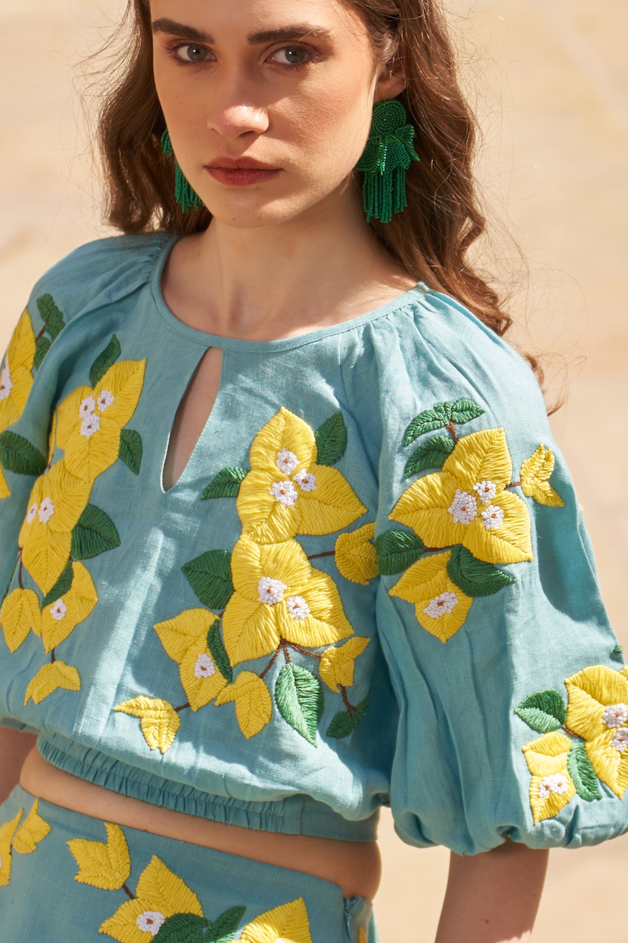 LA FLOR BOUGAINVILLEA CHUNKY HAND EMBROIDERED TEAL BLUE LINEN FABRIC CROP TOP AND SKIRT CO-ORDINATE