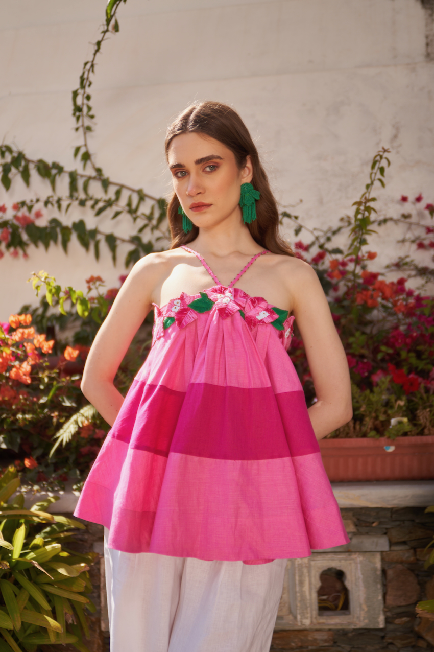 LA FLOR PINK COLOR BLOCK LINEN FABRIC TOP WITH BOUGAINVILLEA THREE DIMENSIONAL CHUNKY HAND EMBROIDERY