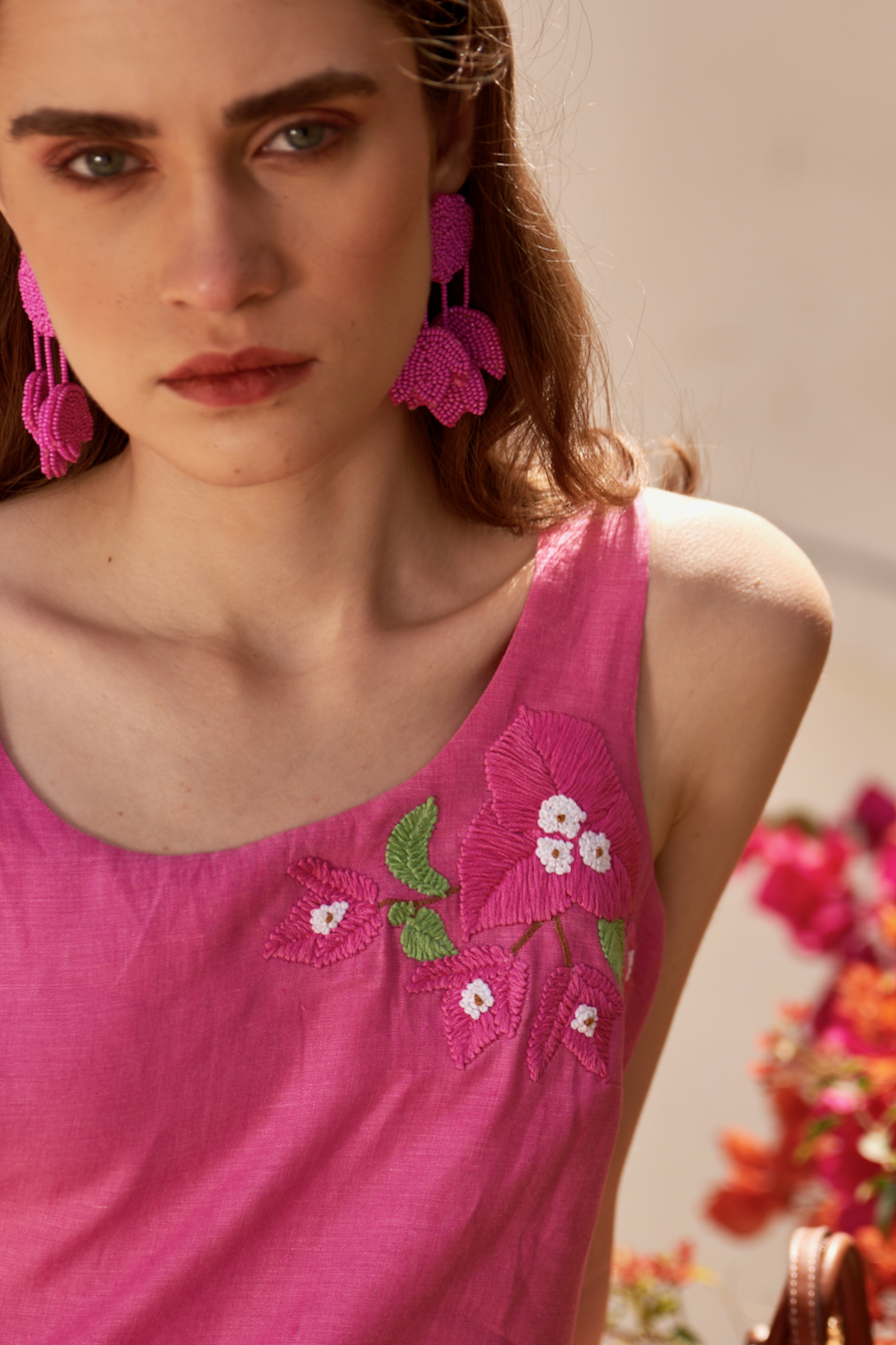 LA FLOR BOUGAINVILLEA CHUNKY HAND EMBROIDERED PINK COLOR LINEN FABRIC THIGH LENGTH SLEEVELESS DRESS