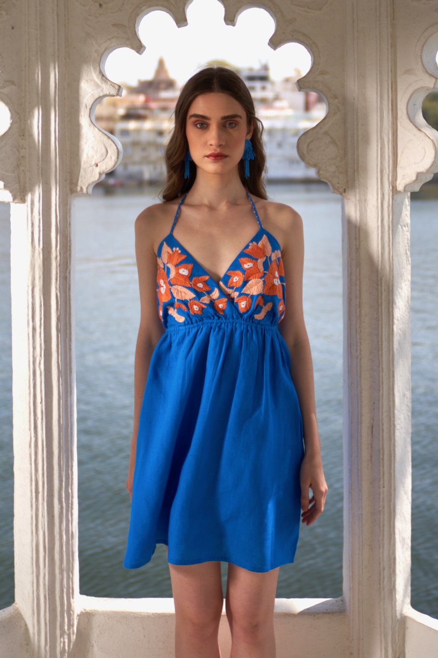 LA FLOR BOUGAINVILLEA CHUNKY HAND EMBROIDERED COBALT BLUE COLOR LINEN FABRIC THIGH LENGTH BACKLESS DRESS