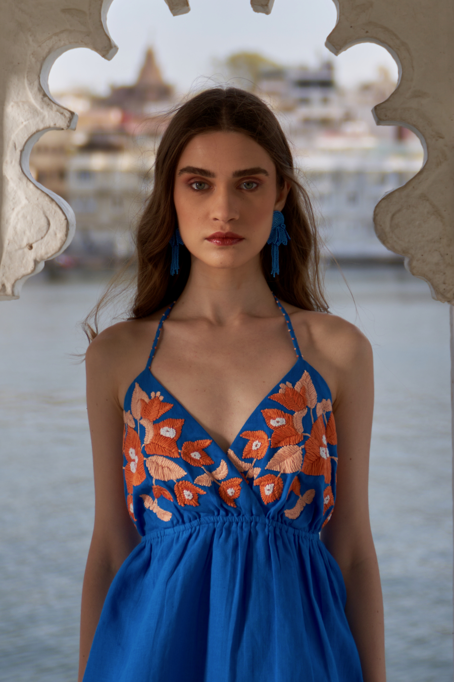 LA FLOR BOUGAINVILLEA CHUNKY HAND EMBROIDERED COBALT BLUE COLOR LINEN FABRIC THIGH LENGTH BACKLESS DRESS