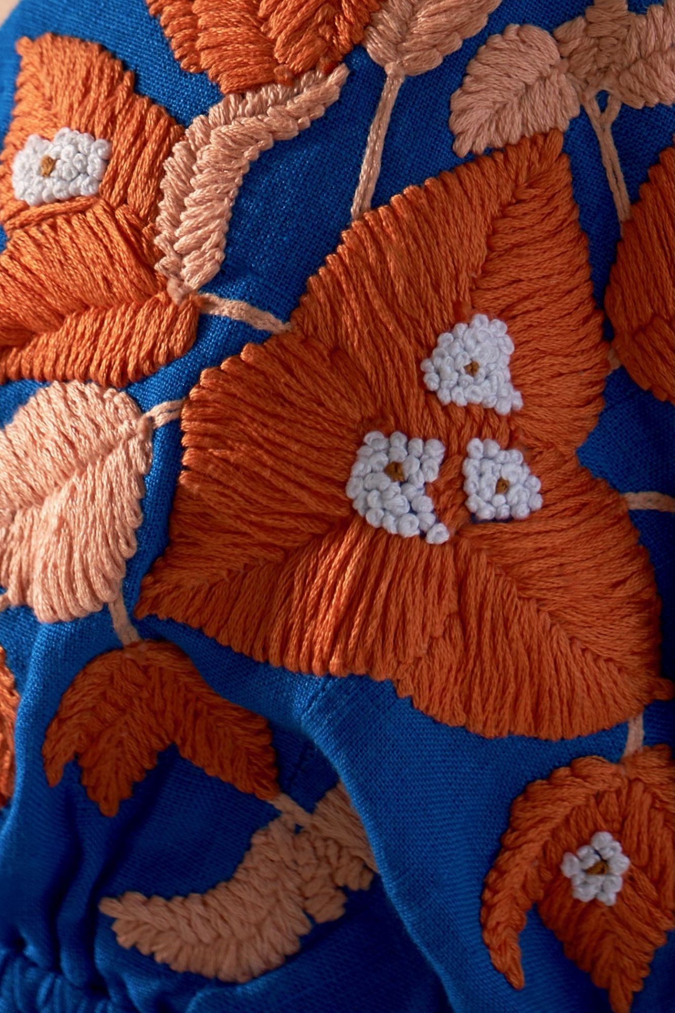 LA FLOR BOUGAINVILLEA CHUNKY HAND EMBROIDERED COBALT BLUE COLOR LINEN FABRIC THIGH LENGTH BACKLESS DRESS