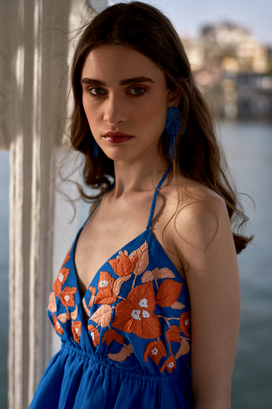 LA FLOR BOUGAINVILLEA CHUNKY HAND EMBROIDERED COBALT BLUE COLOR LINEN FABRIC THIGH LENGTH BACKLESS DRESS