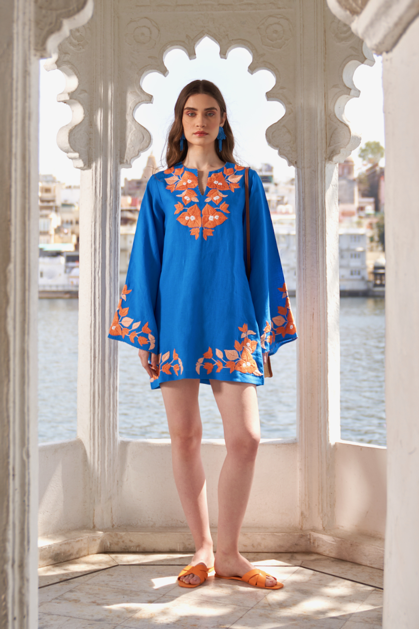 LA FLOR COBALT BLUE COLOR BOUGAINVILLEA CHUNKY HAND EMBROIDERED THIGH LENGTH LINEN FABRIC KIMONO DRESS