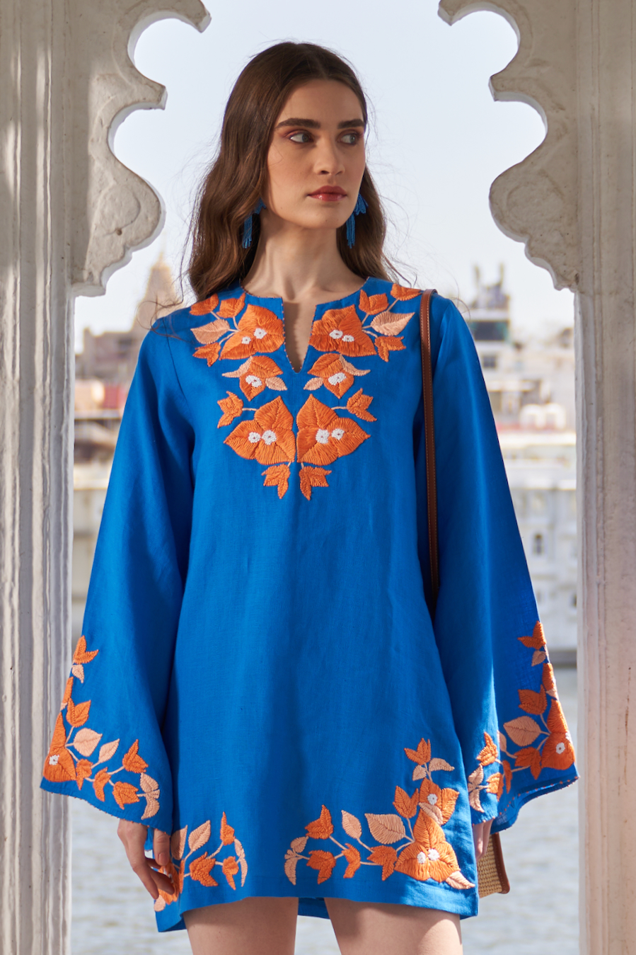 LA FLOR COBALT BLUE COLOR BOUGAINVILLEA CHUNKY HAND EMBROIDERED THIGH LENGTH LINEN FABRIC KIMONO DRESS