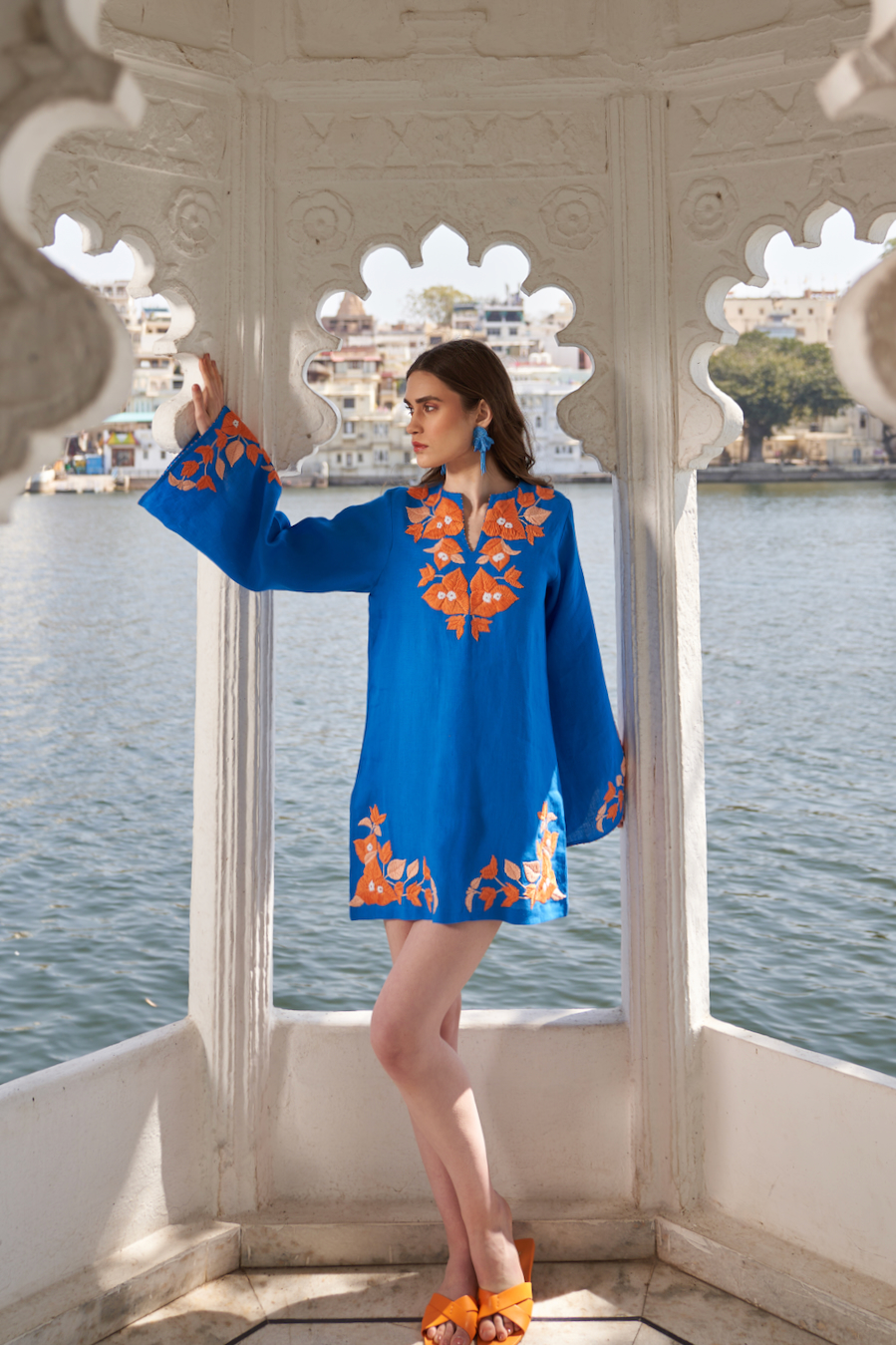 LA FLOR COBALT BLUE COLOR BOUGAINVILLEA CHUNKY HAND EMBROIDERED THIGH LENGTH LINEN FABRIC KIMONO DRESS