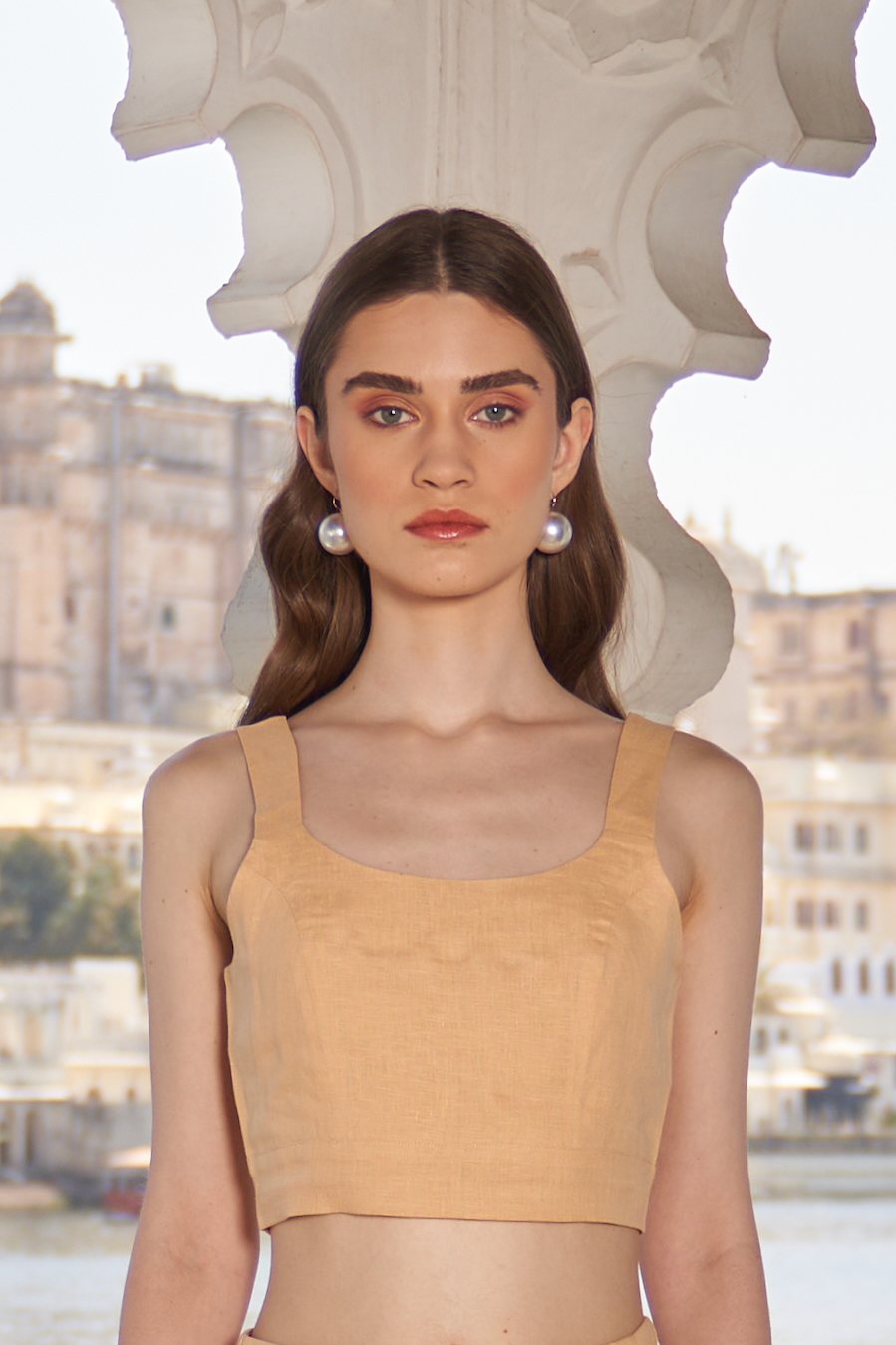 LA FLOR SOLID MARSH MARIGOLD COLOR LINEN FABRIC BUSTIER AND PANTS CO-ORDINATE