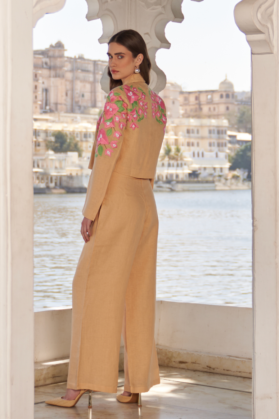 LA FLOR MARSH MARIGOLD BOUGAINVILLEA CHUNKY HAND EMBROIDERED CROPPED LINEN JACKET WITH BUSTIER AND PANTS CO-ORDINATE