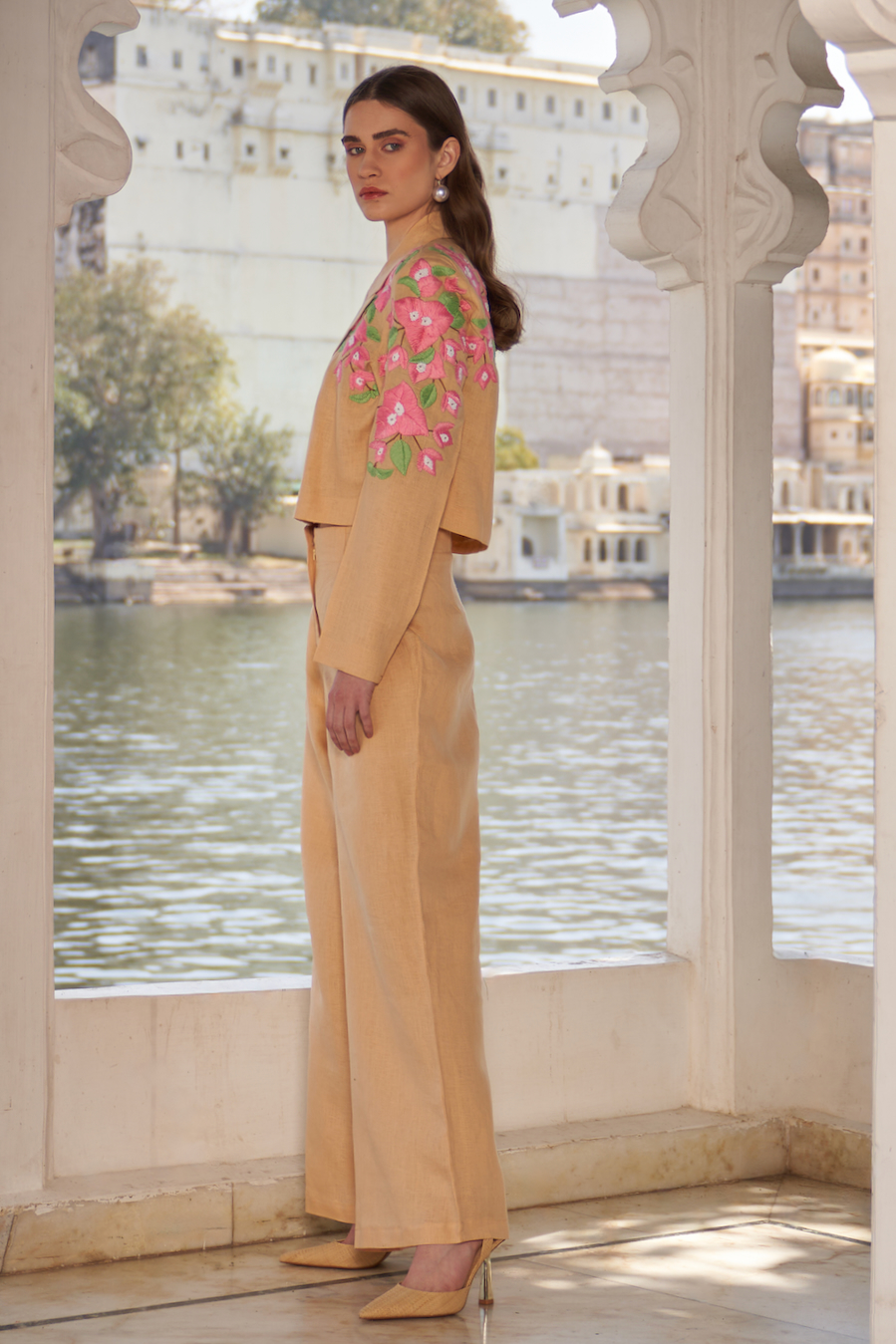 LA FLOR MARSH MARIGOLD BOUGAINVILLEA CHUNKY HAND EMBROIDERED CROPPED LINEN JACKET WITH BUSTIER AND PANTS CO-ORDINATE