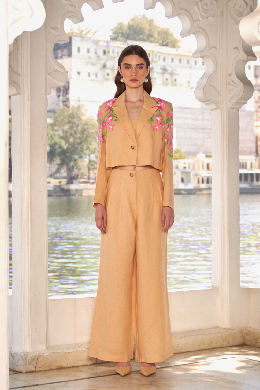 LA FLOR MARSH MARIGOLD BOUGAINVILLEA CHUNKY HAND EMBROIDERED CROPPED LINEN JACKET WITH BUSTIER AND PANTS CO-ORDINATE