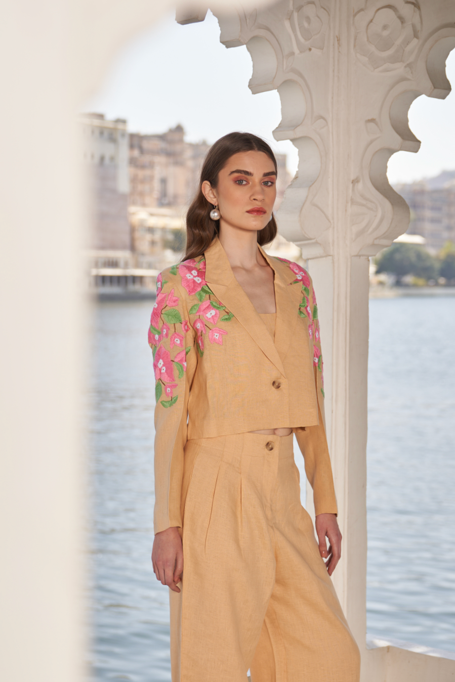 LA FLOR MARSH MARIGOLD BOUGAINVILLEA CHUNKY HAND EMBROIDERED CROPPED LINEN JACKET WITH BUSTIER AND PANTS CO-ORDINATE
