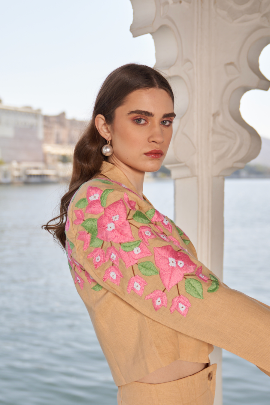LA FLOR MARSH MARIGOLD BOUGAINVILLEA CHUNKY HAND EMBROIDERED CROPPED LINEN JACKET WITH BUSTIER AND PANTS CO-ORDINATE