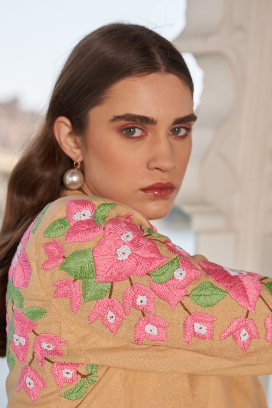 LA FLOR MARSH MARIGOLD BOUGAINVILLEA CHUNKY HAND EMBROIDERED CROPPED LINEN JACKET WITH BUSTIER AND PANTS CO-ORDINATE