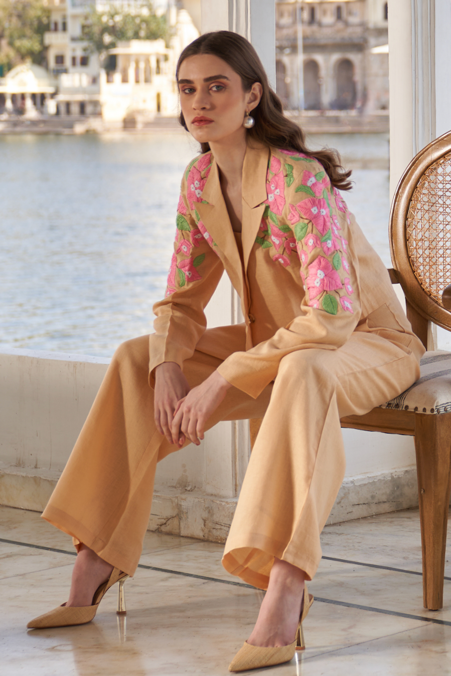 LA FLOR MARSH MARIGOLD BOUGAINVILLEA CHUNKY HAND EMBROIDERED CROPPED LINEN JACKET WITH BUSTIER AND PANTS CO-ORDINATE