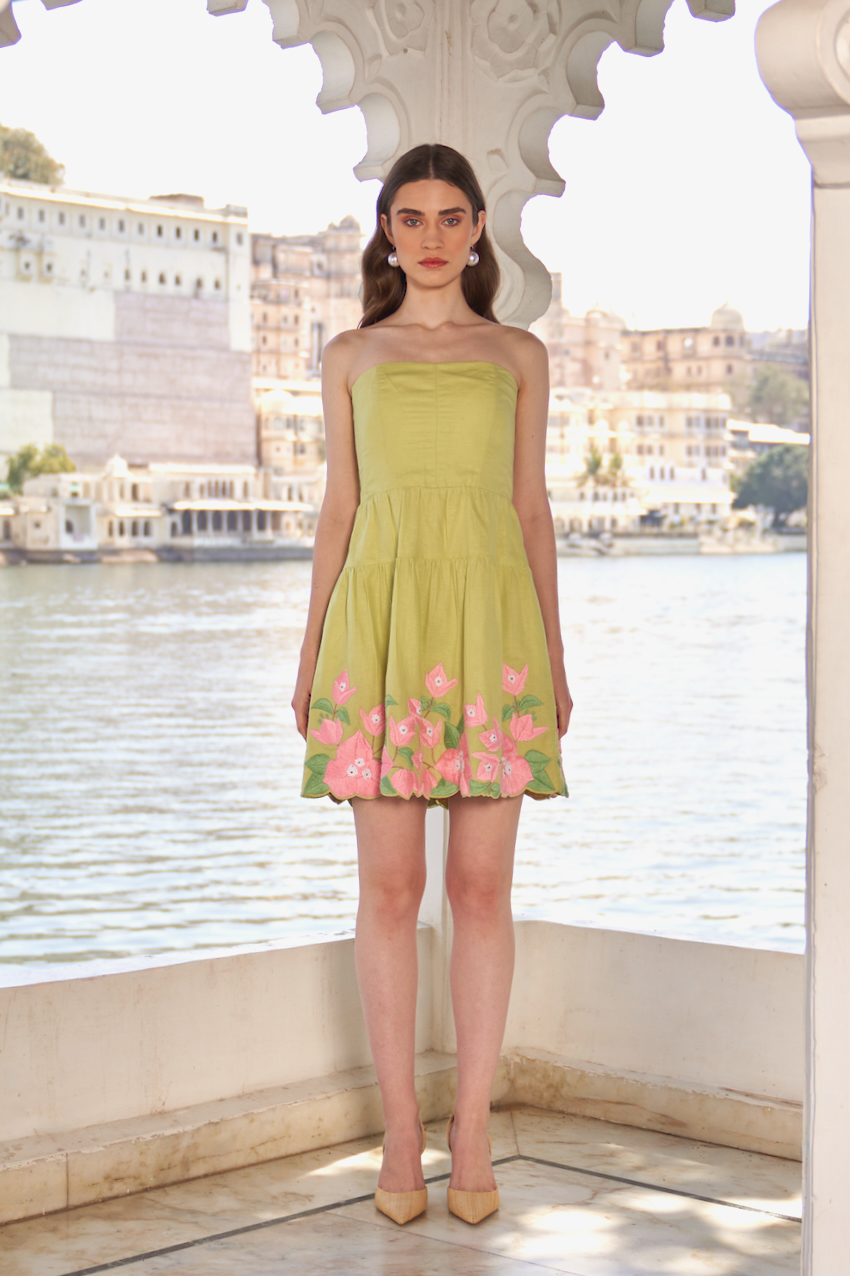 LA FLOR BOUGAINVILLEA CHUNKY HAND EMBROIDERED MINT GREEN COLOR CORSET KNEE LENGTH LINEN STRAPLESS DRESS