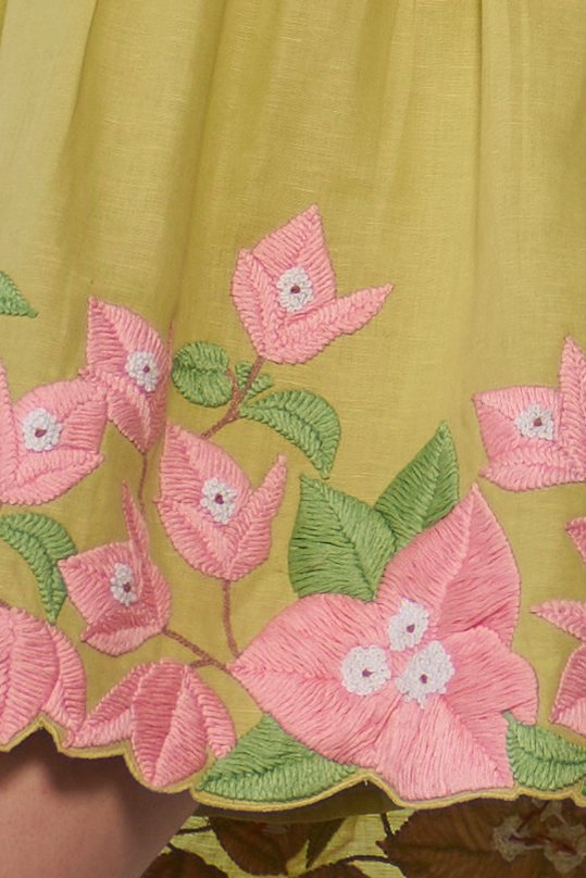 LA FLOR BOUGAINVILLEA CHUNKY HAND EMBROIDERED MINT GREEN COLOR CORSET KNEE LENGTH LINEN STRAPLESS DRESS