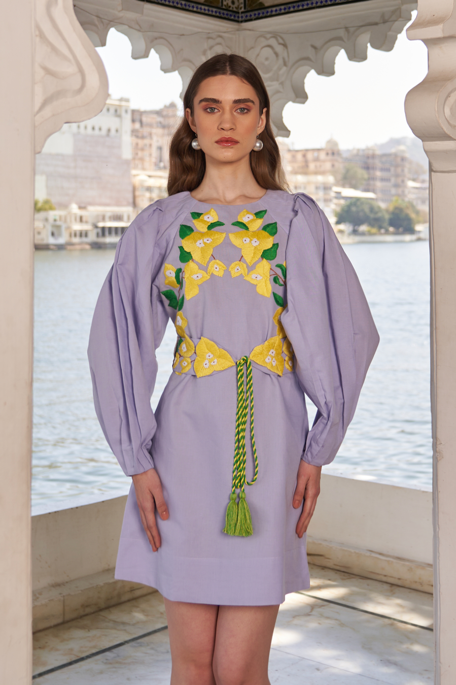 LA FLOR BOUGAINVILLEA CHUNKY HAND EMBROIDERED LILAC COLOR LINEN FABRIC KNEE LENGTH DRESS WITH EMBROIDERED BELT