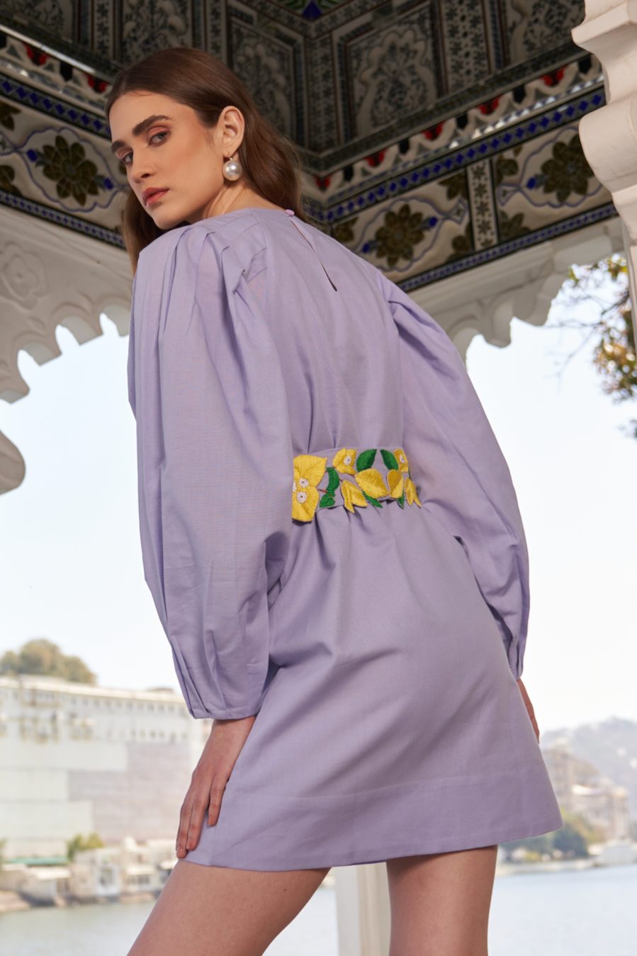 LA FLOR BOUGAINVILLEA CHUNKY HAND EMBROIDERED LILAC COLOR LINEN FABRIC KNEE LENGTH DRESS WITH EMBROIDERED BELT