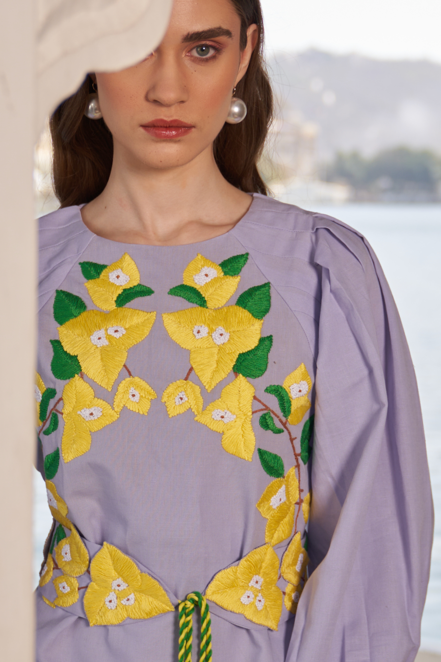 LA FLOR BOUGAINVILLEA CHUNKY HAND EMBROIDERED LILAC COLOR LINEN FABRIC KNEE LENGTH DRESS WITH EMBROIDERED BELT