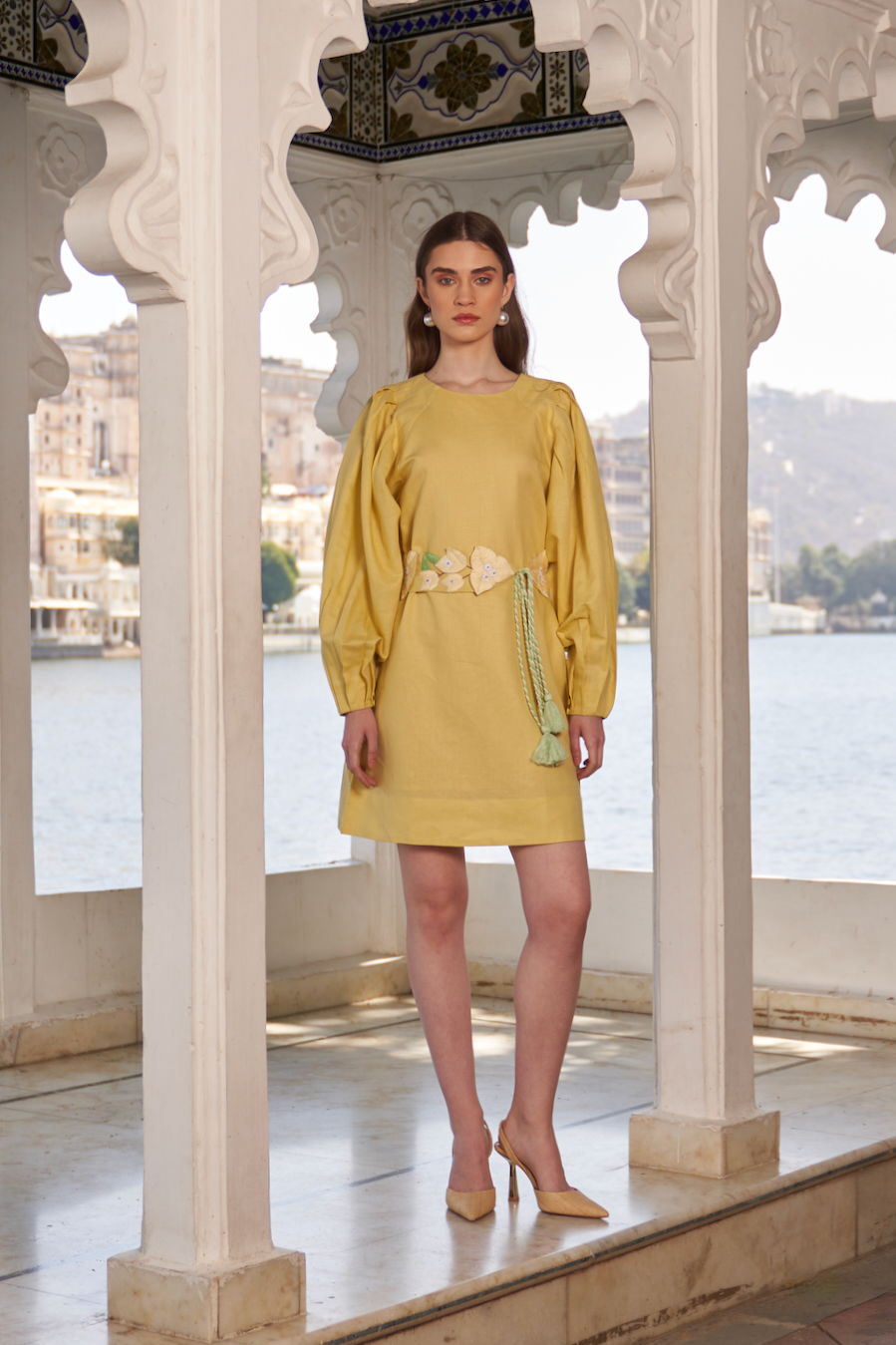LA FLOR MARSH MARIGOLD COLOR LINEN DRESS WITH SLEEVES AND BOUGAINVILLEA CHUNKY  HAND EMBROIDERED  BELT