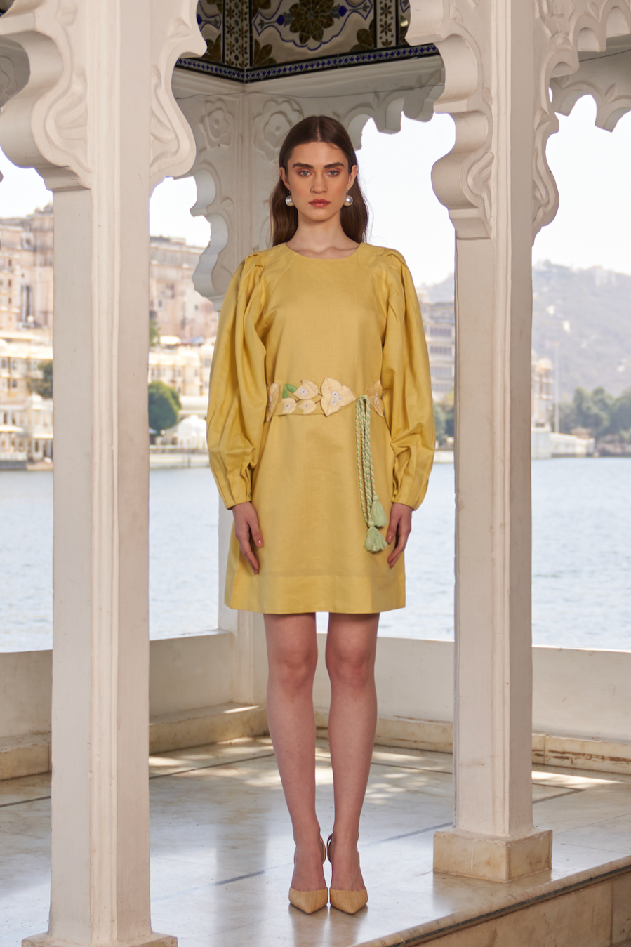LA FLOR MARSH MARIGOLD COLOR LINEN DRESS WITH SLEEVES AND BOUGAINVILLEA CHUNKY HAND EMBROIDERED BELT