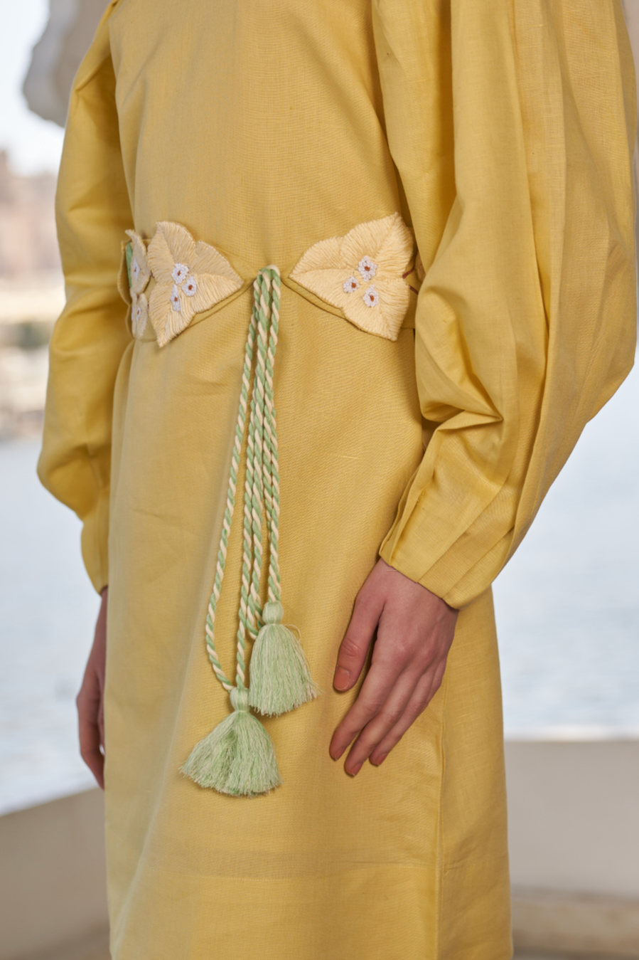 LA FLOR MARSH MARIGOLD COLOR LINEN DRESS WITH SLEEVES AND BOUGAINVILLEA CHUNKY HAND EMBROIDERED BELT