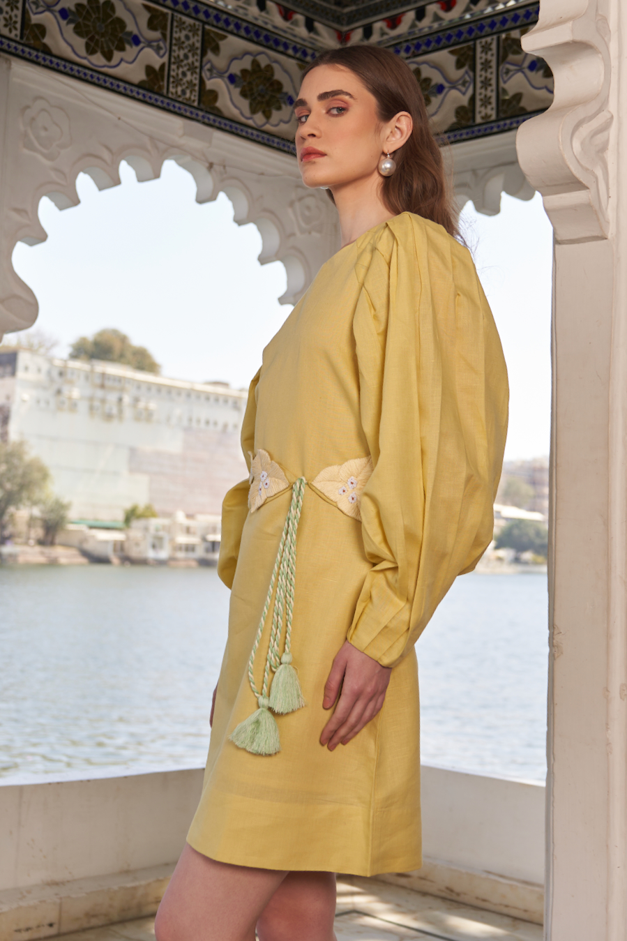 LA FLOR MARSH MARIGOLD COLOR LINEN DRESS WITH SLEEVES AND BOUGAINVILLEA CHUNKY HAND EMBROIDERED BELT