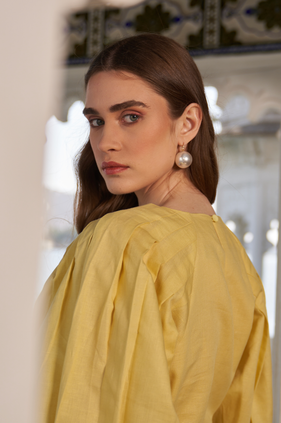 LA FLOR MARSH MARIGOLD COLOR LINEN DRESS WITH SLEEVES AND BOUGAINVILLEA CHUNKY HAND EMBROIDERED BELT